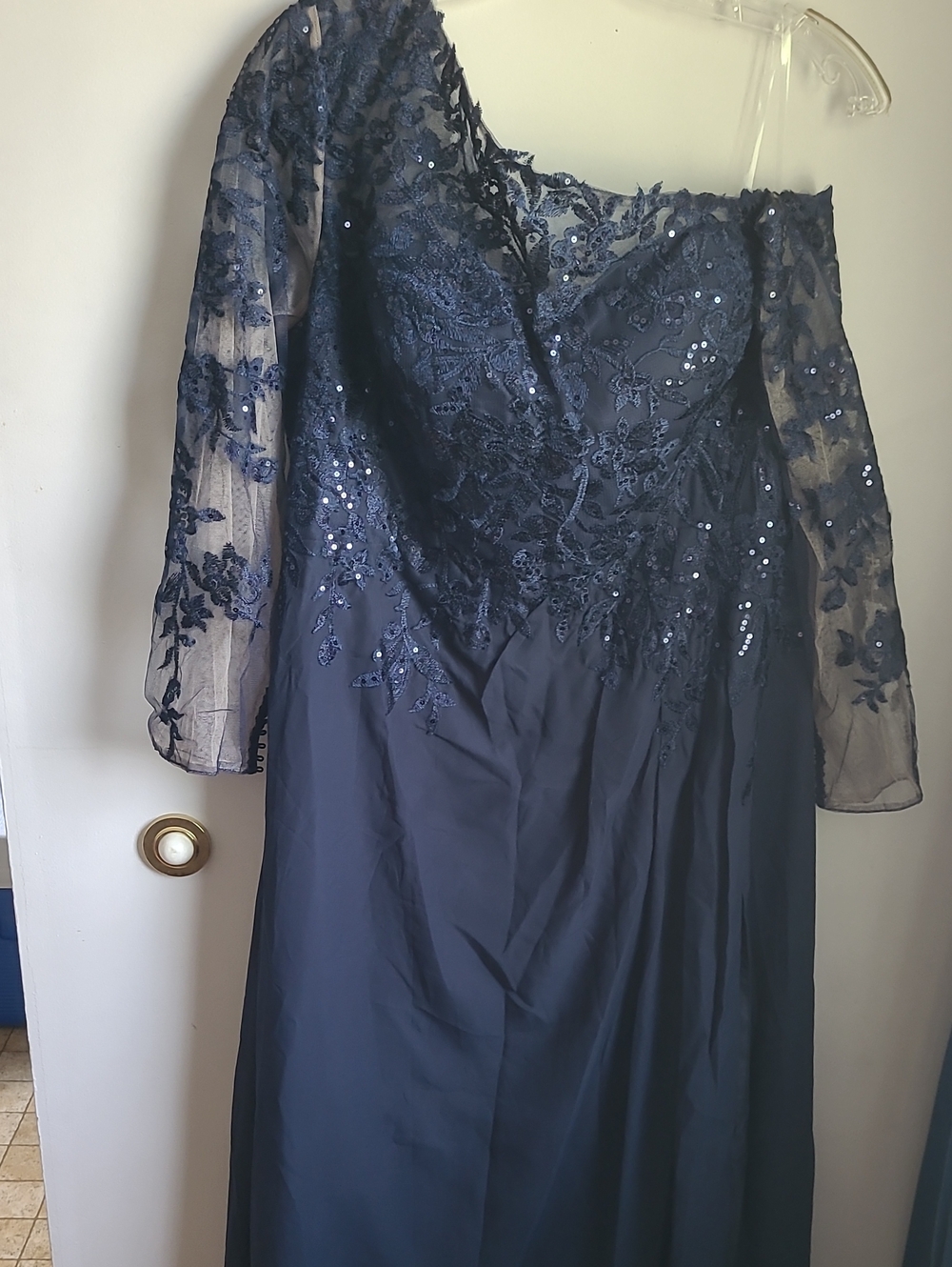 Navy Blue Long-Sleeve Lace & Sequin Evening Dress - Women